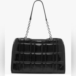 Calvin Klein Nova Triple Chain Tote Black Quilted Patent Leather Handbag